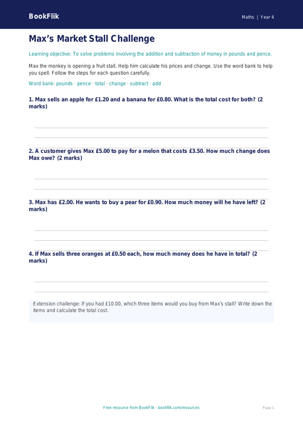 Free Money Template | Year 4 Supported | BookFlik worksheet preview — Maths Money