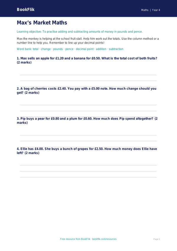 Free Money Worksheet | Year 4 Supported | BookFlik worksheet preview — Maths Money