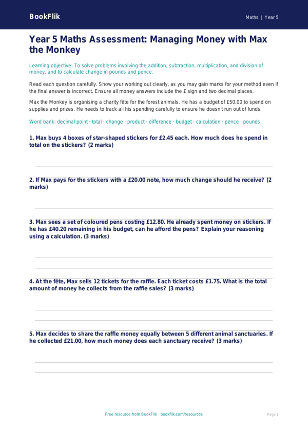 Free Money Assessment | Year 5 Core | BookFlik worksheet preview — Maths Money