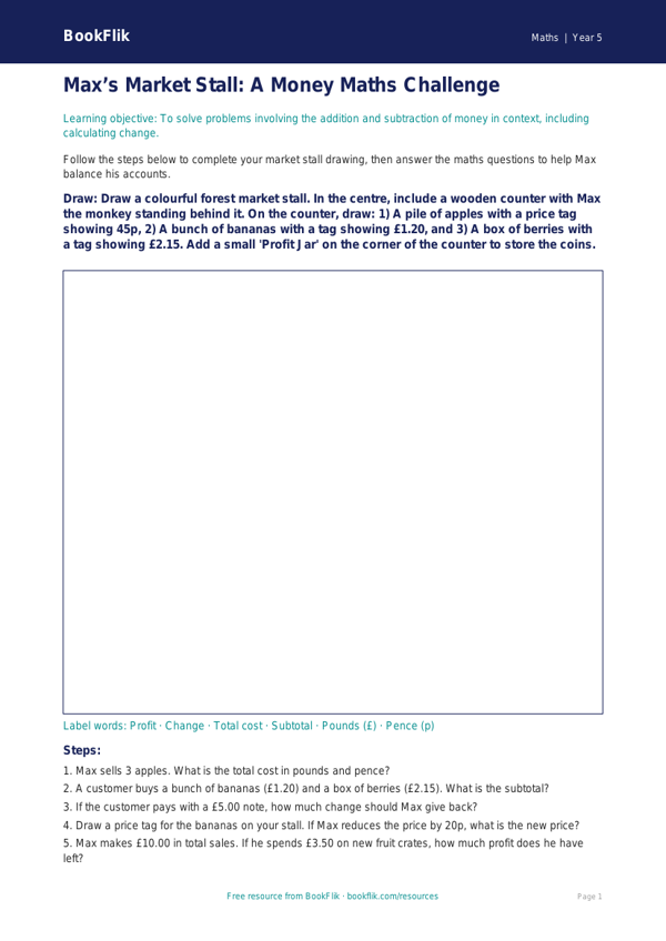Free Money Drawing Sheet | Year 5 Core | BookFlik worksheet preview — Maths Money