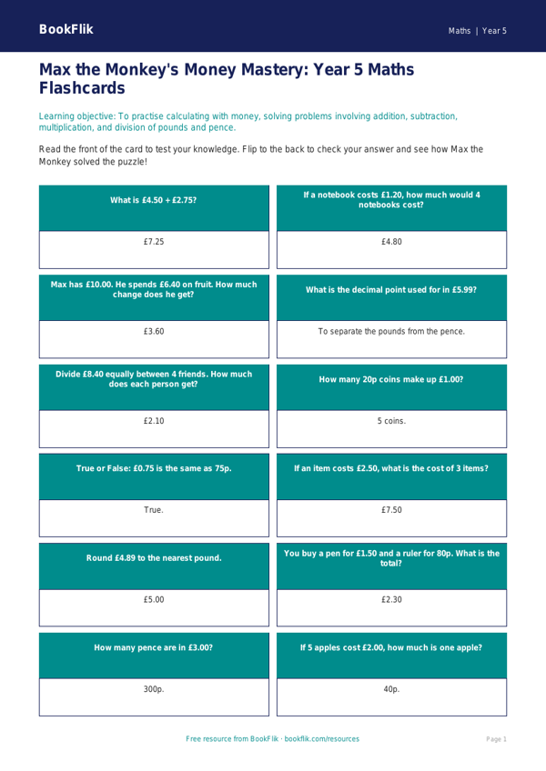 Free Money Flashcards | Year 5 Core | BookFlik worksheet preview — Maths Money