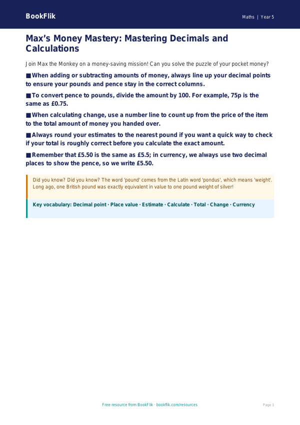 Free Money Poster | Year 5 Core | BookFlik worksheet preview — Maths Money