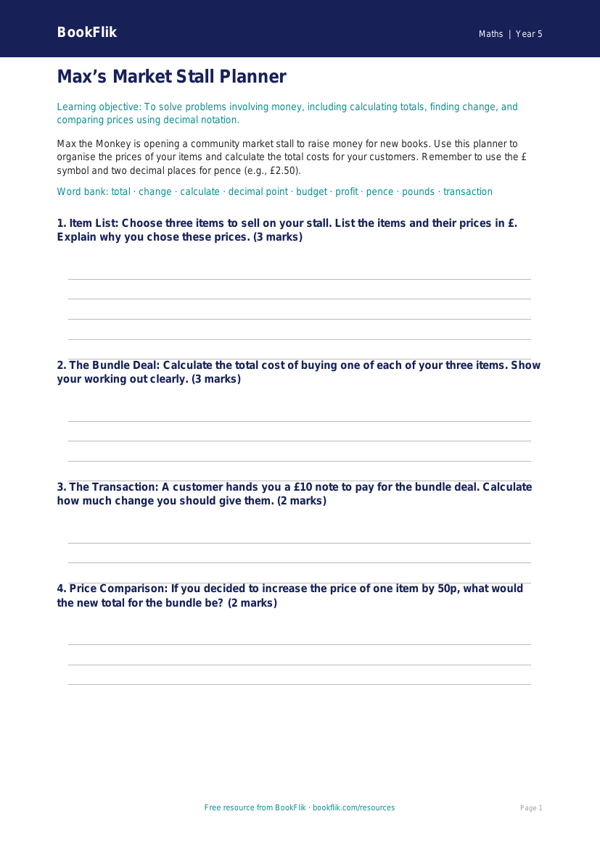 Free Money Template | Year 5 Core | BookFlik worksheet preview — Maths Money