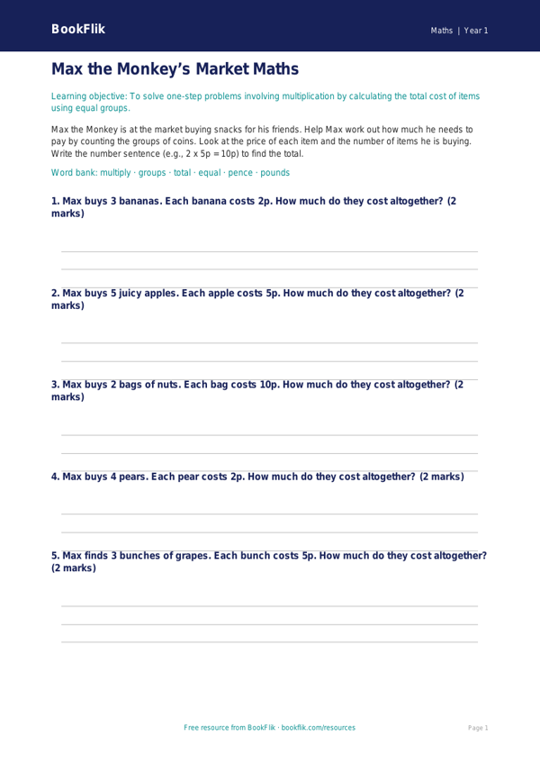Free Multiplication Activity Sheet | Year 1 Core | BookFlik worksheet preview — Maths Multiplication