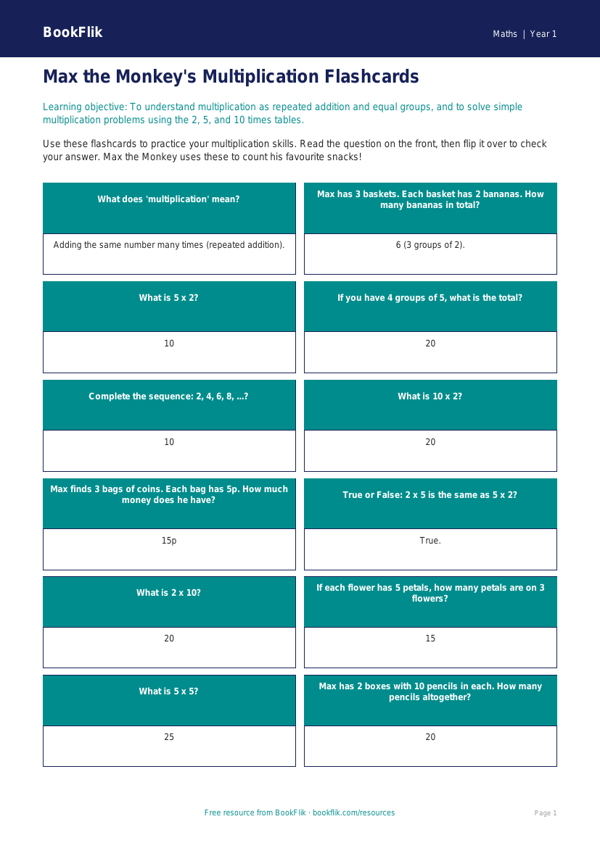 Free Multiplication Flashcards | Year 1 Core | BookFlik worksheet preview — Maths Multiplication