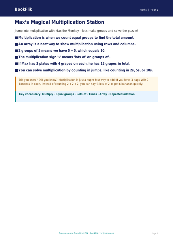 Free Multiplication Poster | Year 1 Core | BookFlik worksheet preview — Maths Multiplication