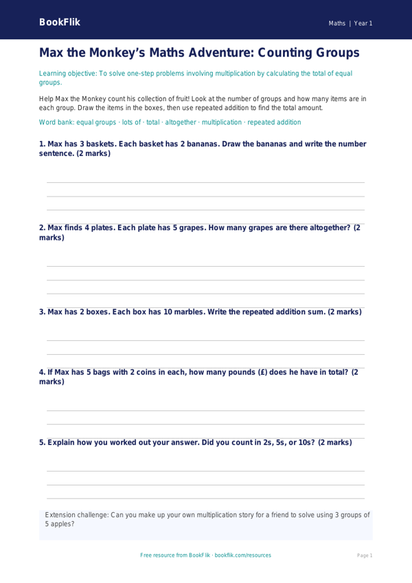 Free Multiplication Template | Year 1 Core | BookFlik worksheet preview — Maths Multiplication