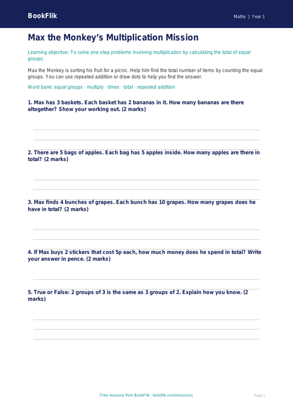 Free Multiplication Worksheet | Year 1 Core | BookFlik worksheet preview — Maths Multiplication