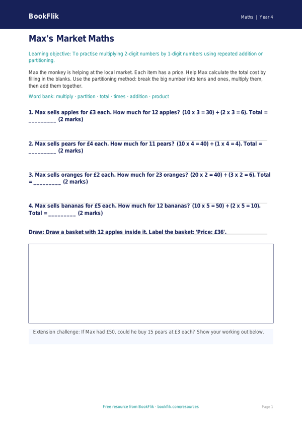 Free Multiplication Activity Sheet | Year 4 Supported | BookFlik worksheet preview — Maths Multiplication