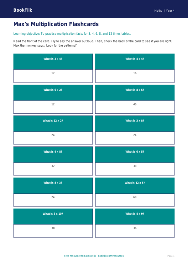 Free Multiplication Flashcards | Year 4 Supported | BookFlik worksheet preview — Maths Multiplication