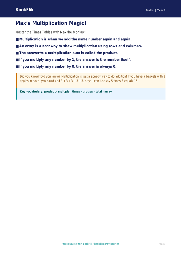 Free Multiplication Poster | Year 4 Supported | BookFlik worksheet preview — Maths Multiplication