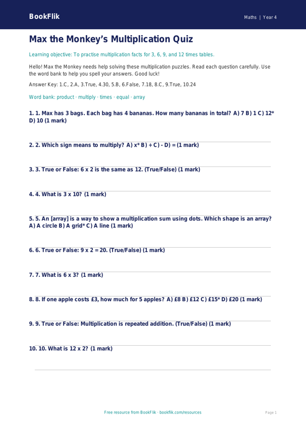 Free Multiplication Quiz | Year 4 Supported | BookFlik worksheet preview — Maths Multiplication