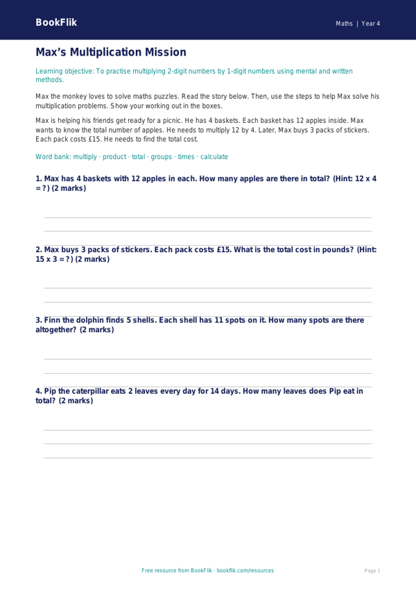 Free Multiplication Track Sheet | Year 4 Supported | BookFlik worksheet preview — Maths Multiplication