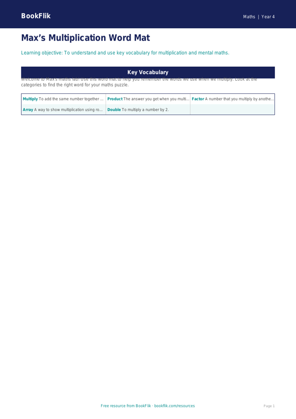 Free Multiplication Word Mat | Year 4 Supported | BookFlik worksheet preview — Maths Multiplication