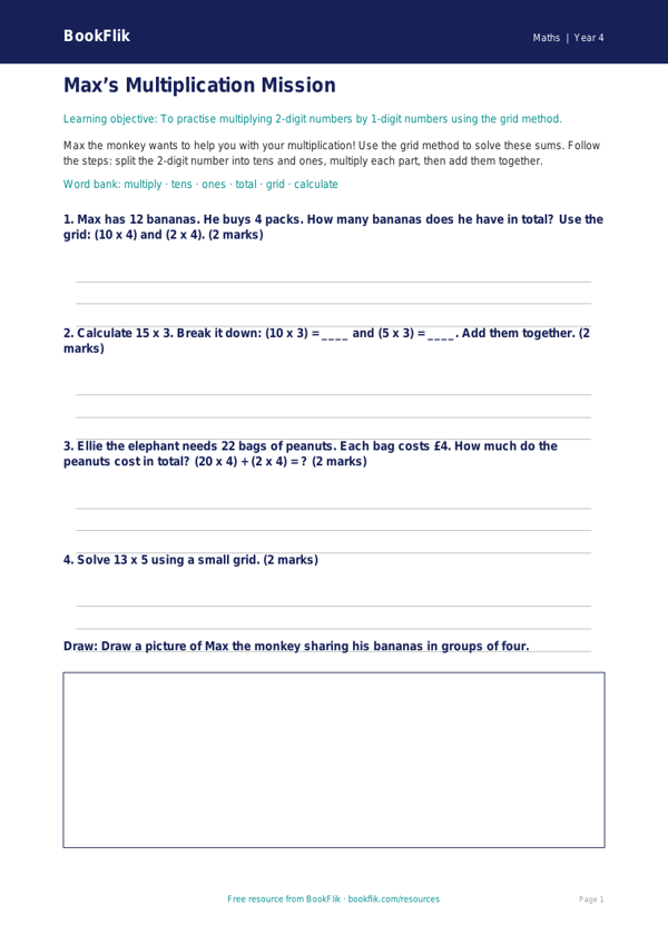 Free Multiplication Worksheet | Year 4 Supported | BookFlik worksheet preview — Maths Multiplication