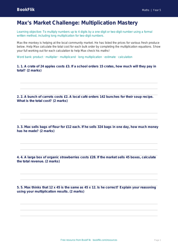 Free Multiplication Activity Sheet | Year 5 Core | BookFlik worksheet preview — Maths Multiplication