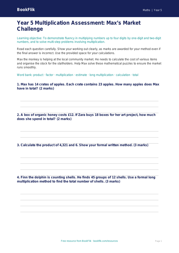 Free Multiplication Assessment | Year 5 Core | BookFlik worksheet preview — Maths Multiplication