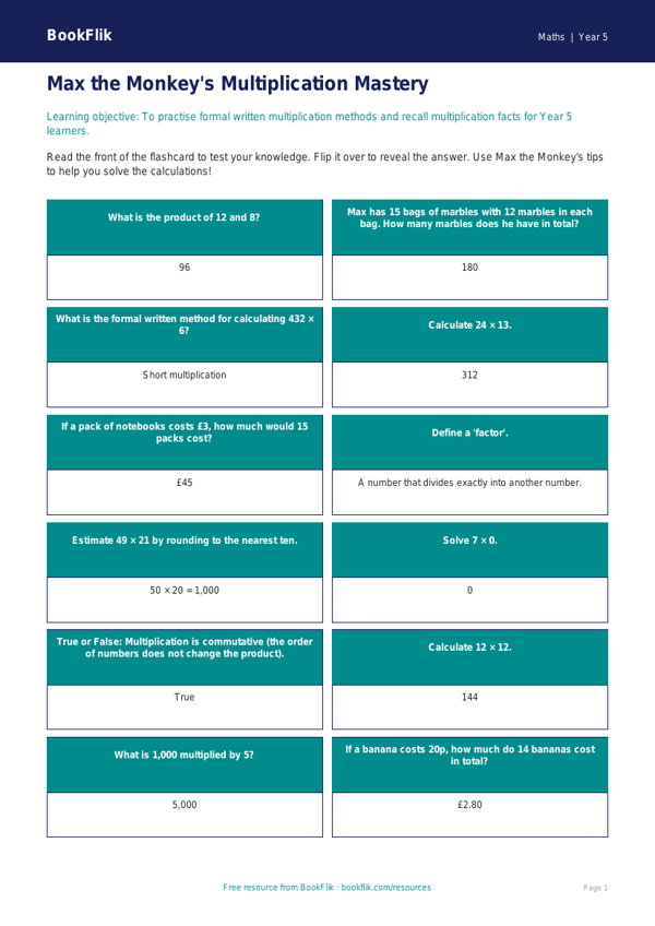 Free Multiplication Flashcards | Year 5 Core | BookFlik worksheet preview — Maths Multiplication