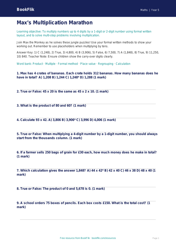 Free Multiplication Quiz | Year 5 Core | BookFlik worksheet preview — Maths Multiplication
