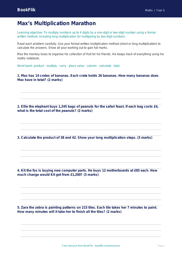 Free Multiplication Worksheet | Year 5 Core | BookFlik worksheet preview — Maths Multiplication