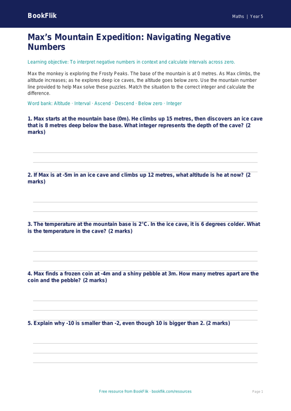 Free Negative Numbers Activity Sheet | Year 5 Core | BookFlik worksheet preview — Maths Negative Numbers