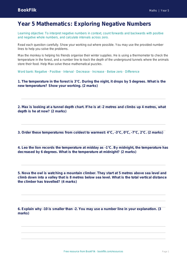Free Negative Numbers Assessment | Year 5 Core | BookFlik worksheet preview — Maths Negative Numbers