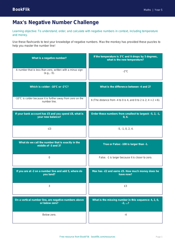 Free Negative Numbers Flashcards | Year 5 Core | BookFlik worksheet preview — Maths Negative Numbers