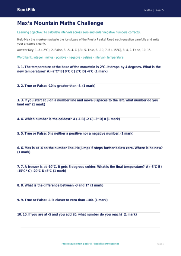Free Negative Numbers Quiz | Year 5 Core | BookFlik worksheet preview — Maths Negative Numbers