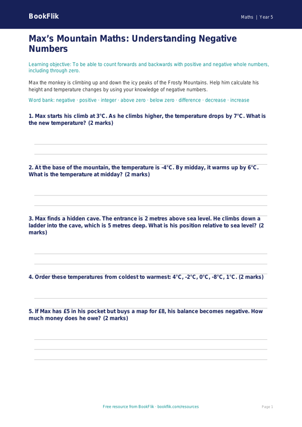 Free Negative Numbers Worksheet | Year 5 Core | BookFlik worksheet preview — Maths Negative Numbers