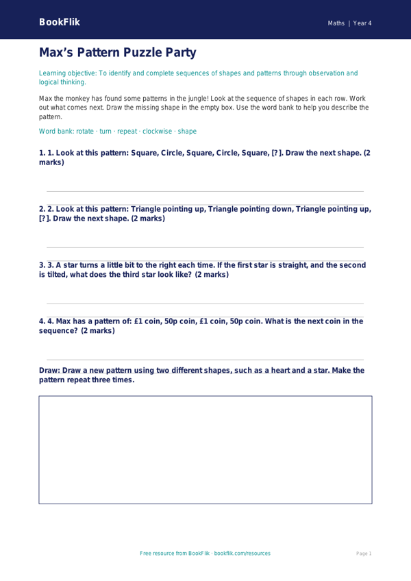 Free Non Verbal Reasoning Activity Sheet | Year 4 Supported | BookFlik worksheet preview — Maths Non Verbal Reasoning