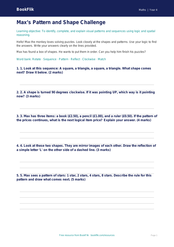 Free Non Verbal Reasoning Assessment | Year 4 Supported | BookFlik worksheet preview — Maths Non Verbal Reasoning