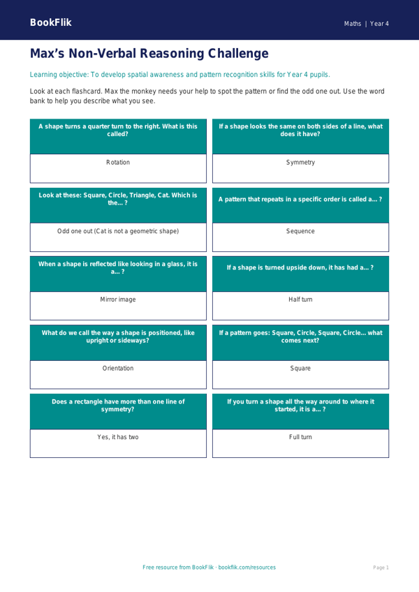 Free Non Verbal Reasoning Flashcards | Year 4 Supported | BookFlik worksheet preview — Maths Non Verbal Reasoning