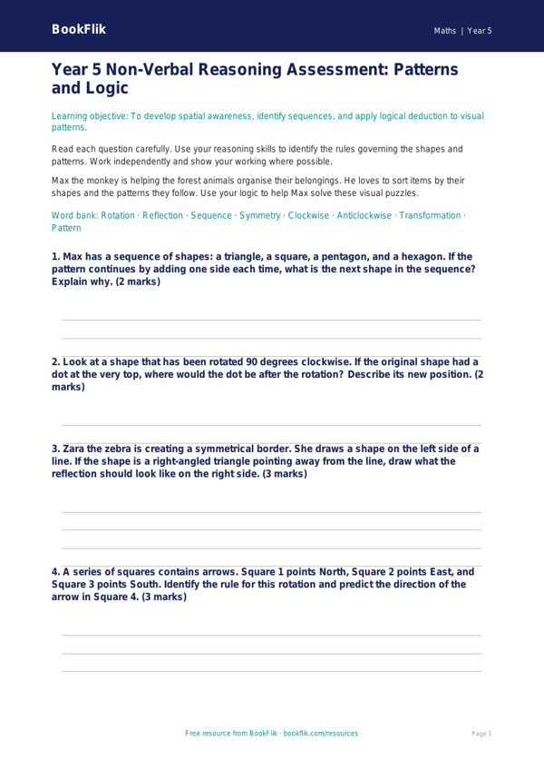 Free Non Verbal Reasoning Assessment | Year 5 Core | BookFlik worksheet preview — Maths Non Verbal Reasoning