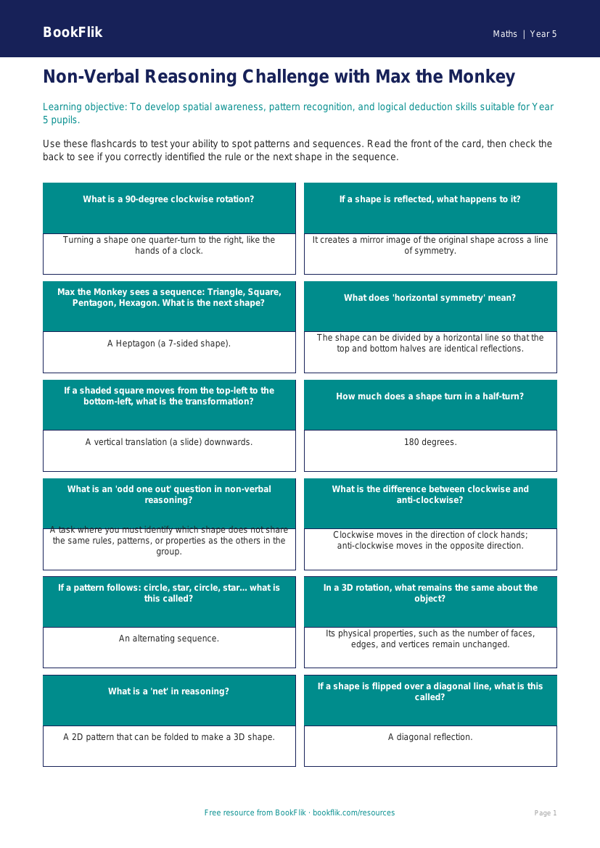 Free Non Verbal Reasoning Flashcards | Year 5 Core | BookFlik worksheet preview — Maths Non Verbal Reasoning