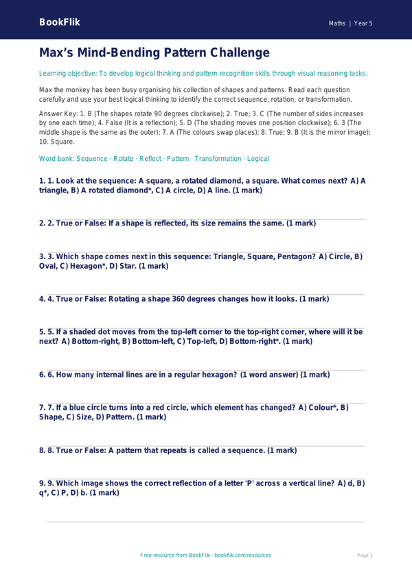 Free Non Verbal Reasoning Quiz | Year 5 Core | BookFlik worksheet preview — Maths Non Verbal Reasoning