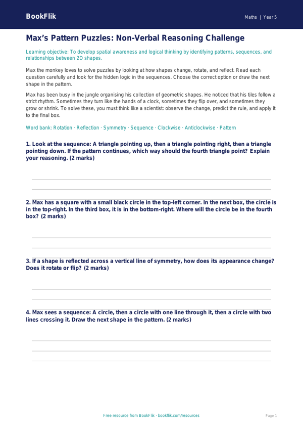 Free Non Verbal Reasoning Track Sheet | Year 5 Core | BookFlik worksheet preview — Maths Non Verbal Reasoning