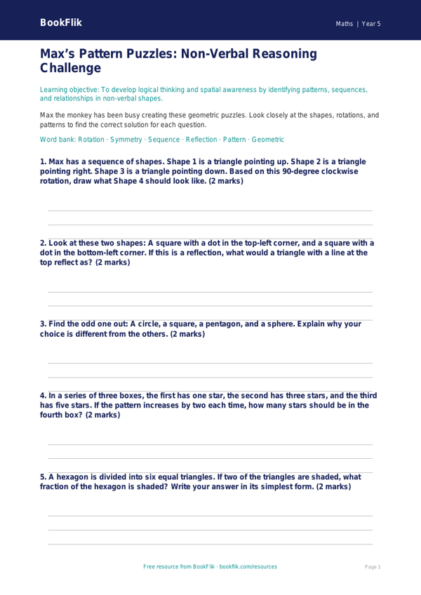 Free Non Verbal Reasoning Worksheet | Year 5 Core | BookFlik worksheet preview — Maths Non Verbal Reasoning