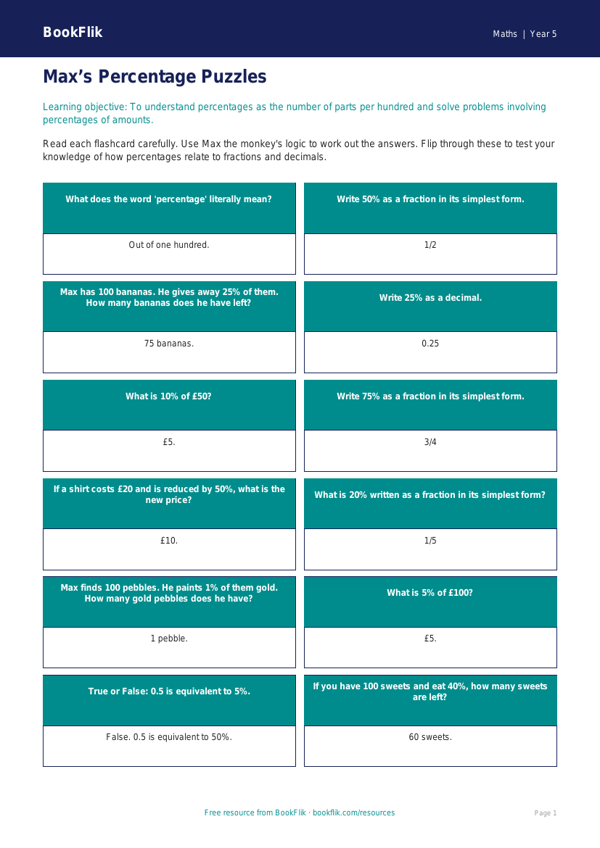 Free Percentages Flashcards | Year 5 Core | BookFlik worksheet preview — Maths Percentages