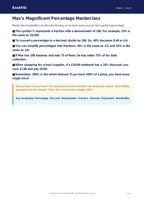 Free Percentages Poster | Year 5 Core | BookFlik worksheet preview — Maths Percentages