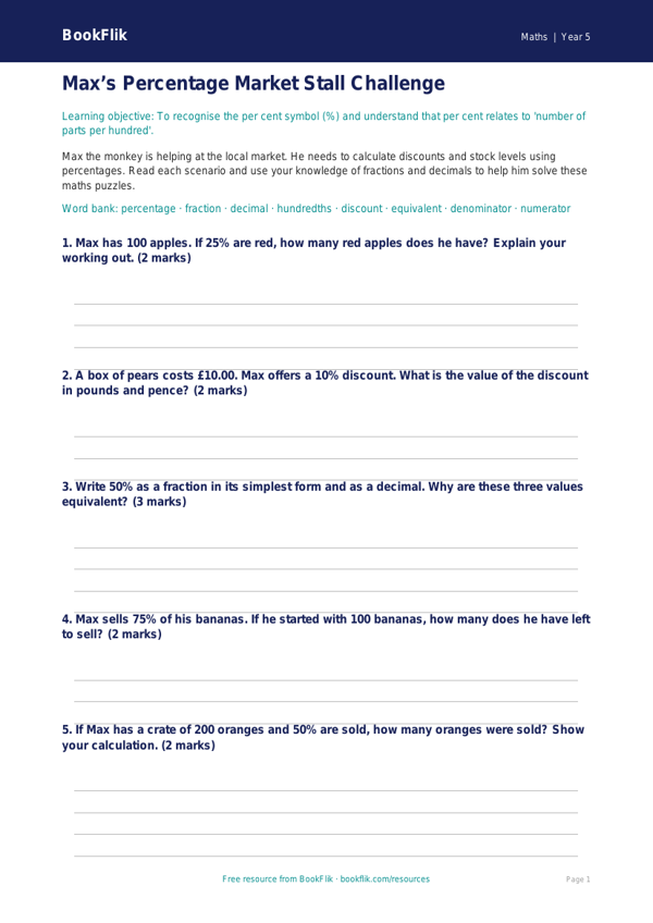 Free Percentages Template | Year 5 Core | BookFlik worksheet preview — Maths Percentages