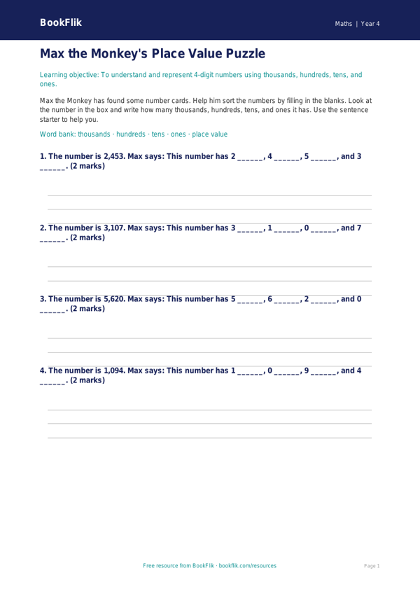 Free Place Value Activity Sheet | Year 4 Supported | BookFlik worksheet preview — Maths Place Value