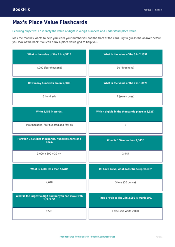 Free Place Value Flashcards | Year 4 Supported | BookFlik worksheet preview — Maths Place Value