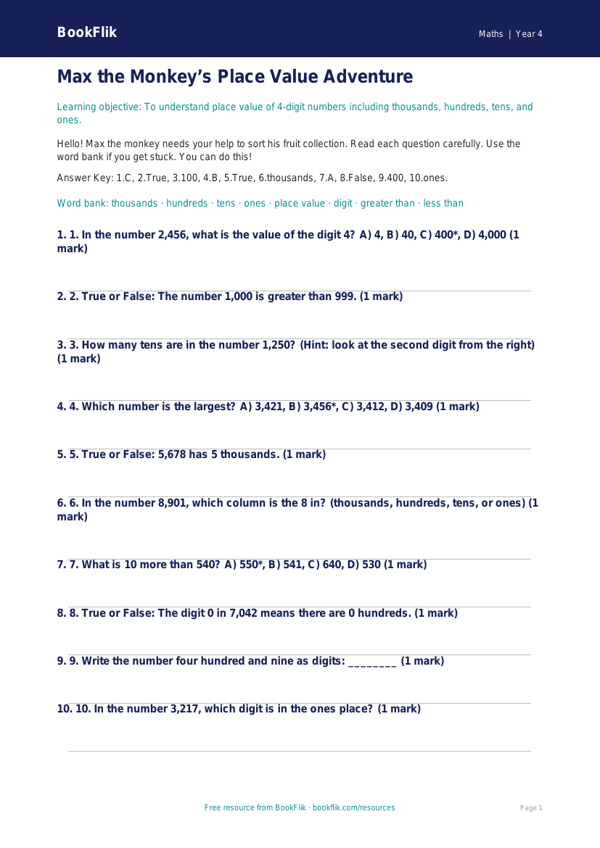 Free Place Value Quiz | Year 4 Supported | BookFlik worksheet preview — Maths Place Value