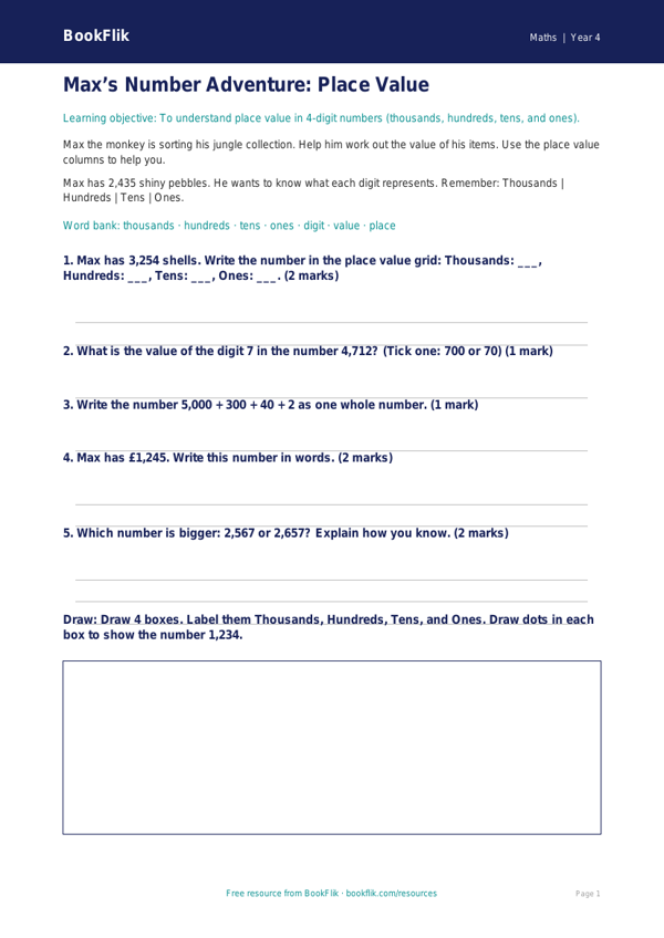 Free Place Value Worksheet | Year 4 Supported | BookFlik worksheet preview — Maths Place Value