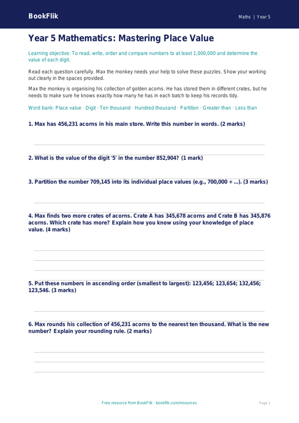 Free Place Value Assessment | Year 5 Core | BookFlik worksheet preview — Maths Place Value