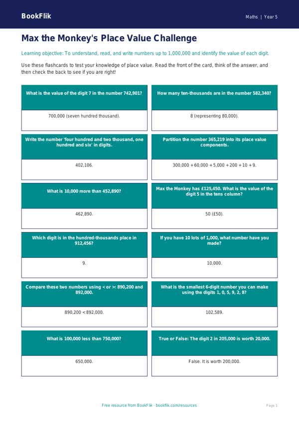 Free Place Value Flashcards | Year 5 Core | BookFlik worksheet preview — Maths Place Value