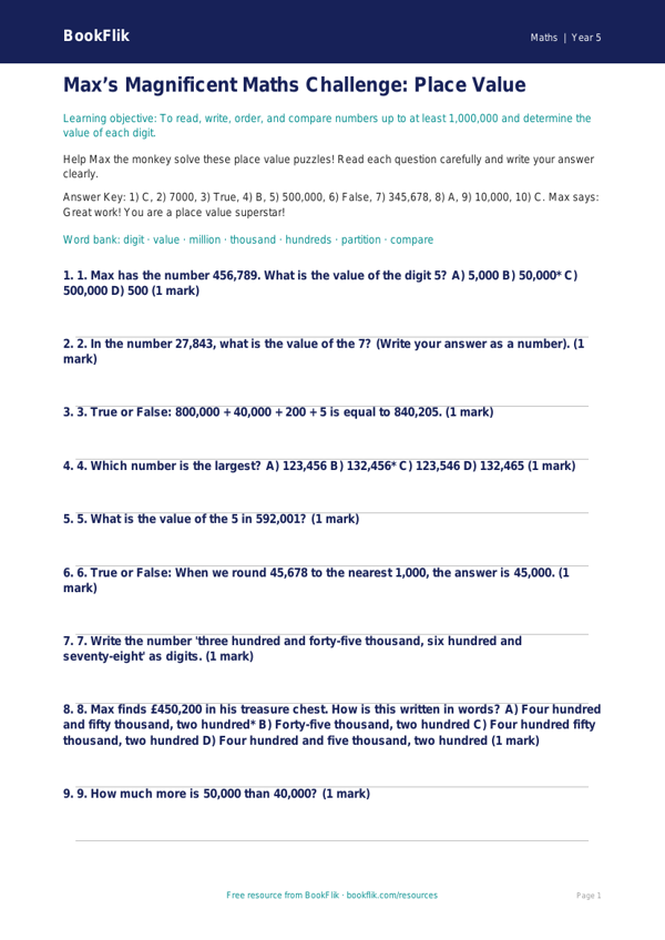 Free Place Value Quiz | Year 5 Core | BookFlik worksheet preview — Maths Place Value