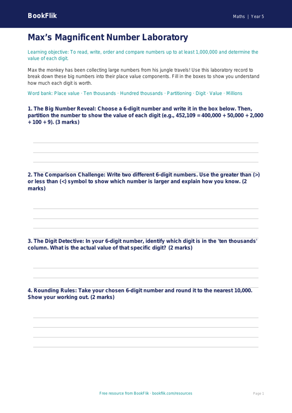 Free Place Value Template | Year 5 Core | BookFlik worksheet preview — Maths Place Value