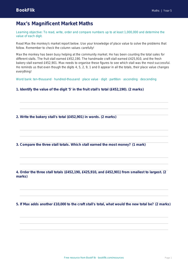 Free Place Value Track Sheet | Year 5 Core | BookFlik worksheet preview — Maths Place Value