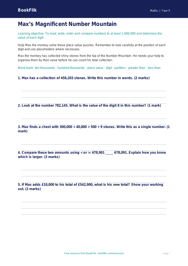 Free Place Value Worksheet | Year 5 Core | BookFlik worksheet preview — Maths Place Value